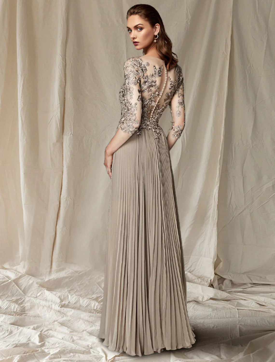 Wholesale A-Line Mother of the Bride Dress Wedding Guest Plus Size Elegant V Neck Floor Length Chiffon Lace Half Sleeve with Pleats Appliques